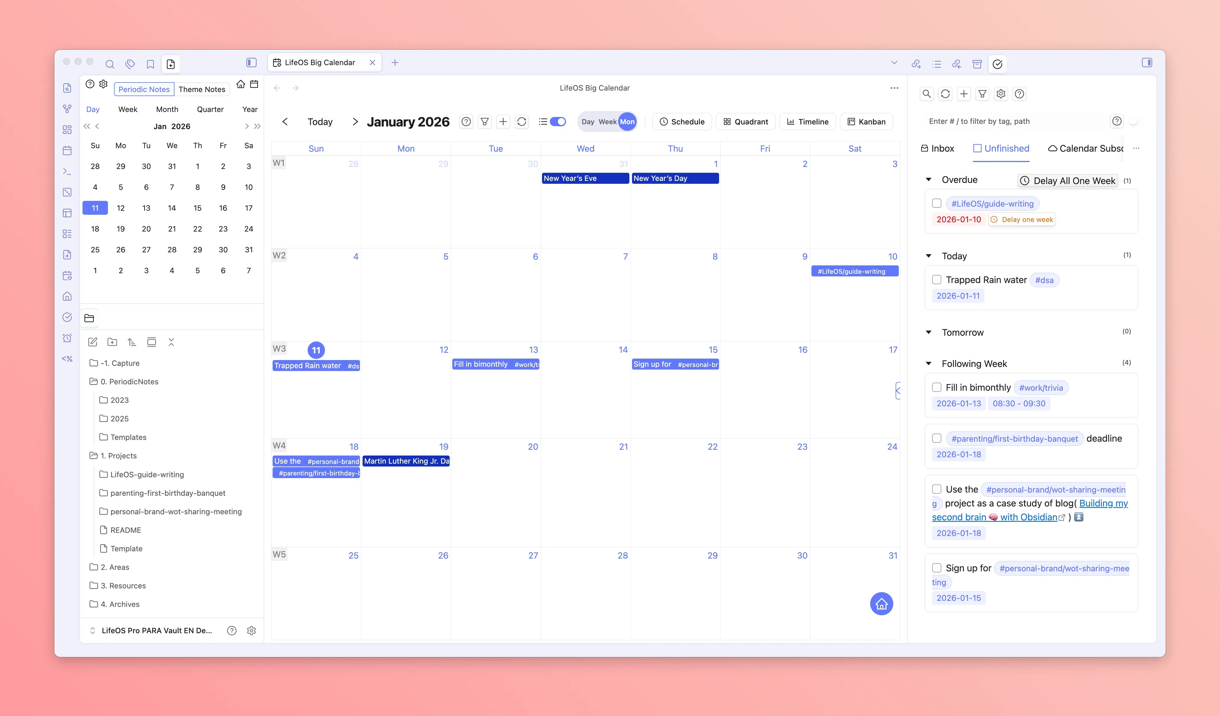LifeOS Pro schedule planning with the big calendar and sidebar task manager