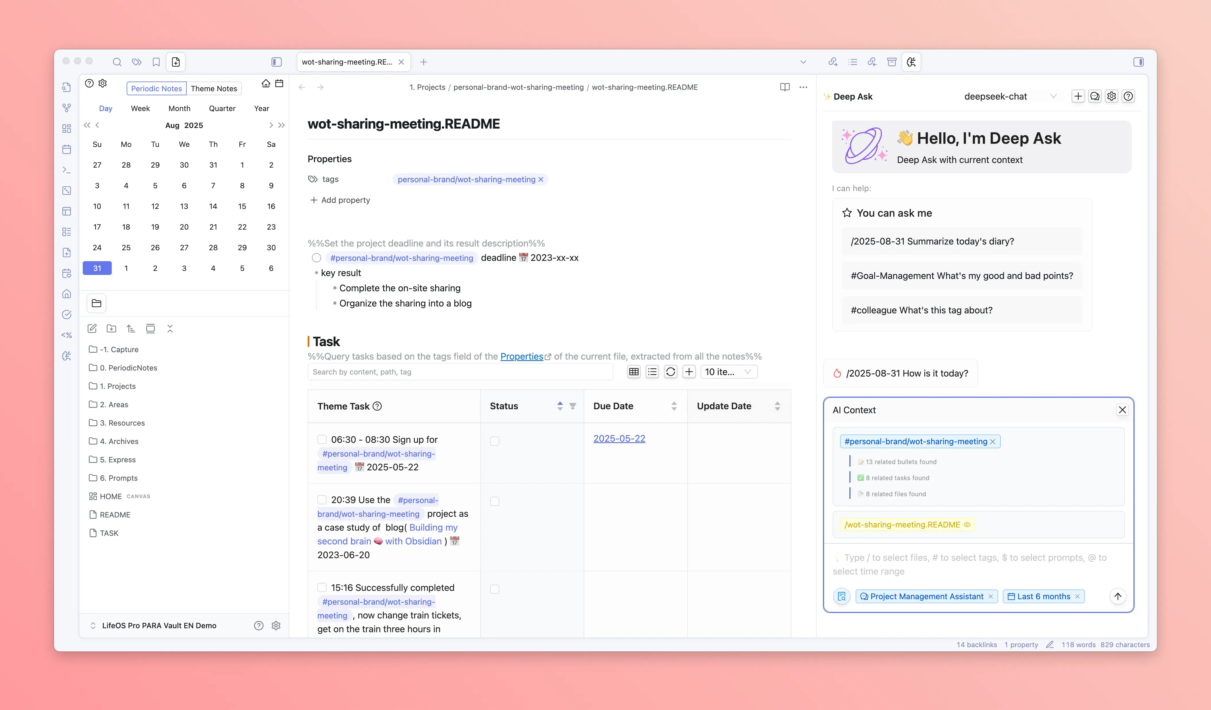 DeepAsk AI working with the current LifeOS note and topic context