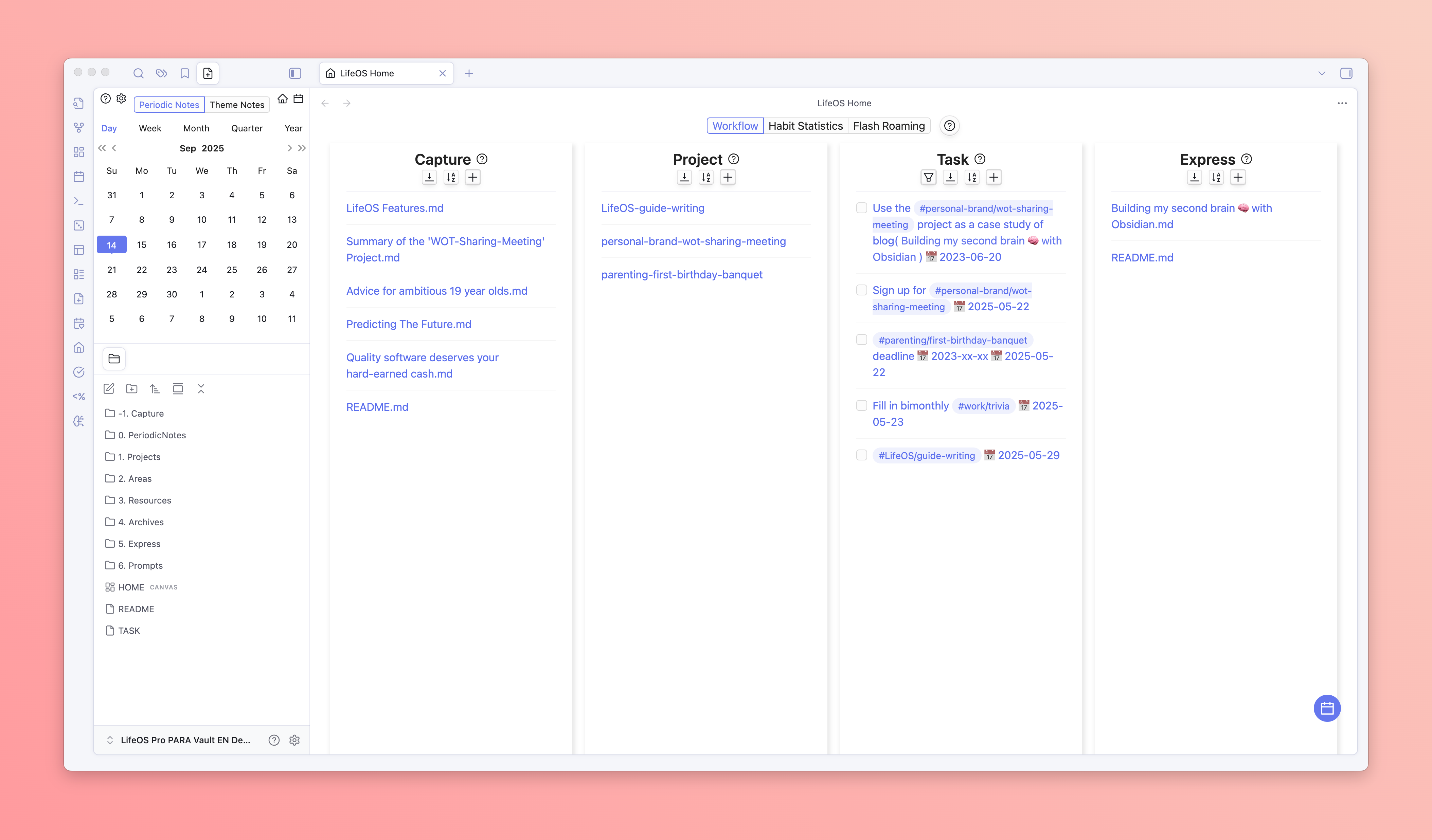 LifeOS Pro Home view connecting capture, projects, tasks, and expression