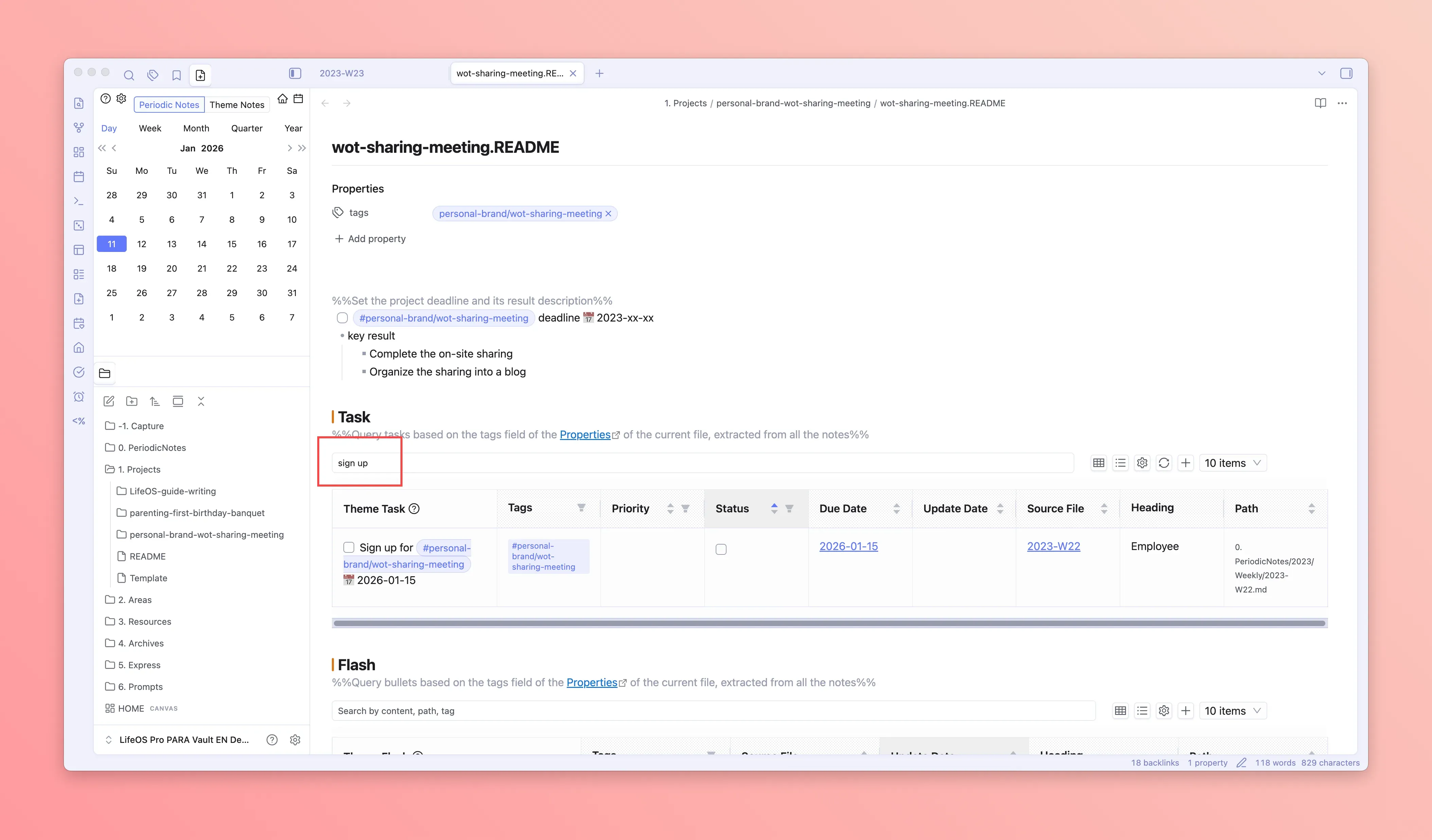 LifeOS Pro advanced lists searching topic tasks and bullet notes