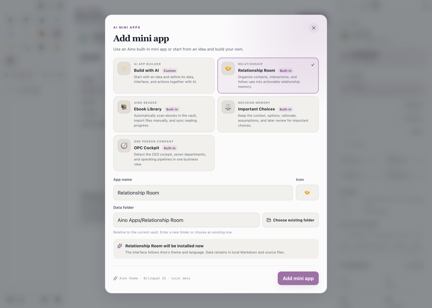 Aino New App dialog showing Relationship Room, Ebook Library, Important Choices, and OPC Cockpit