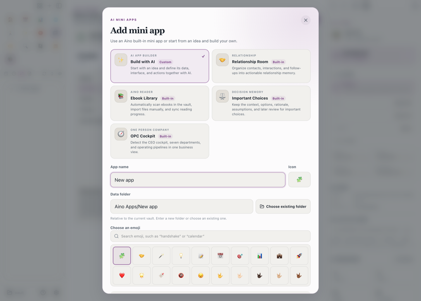 AI App creation dialog with name, Emoji, and data folder options