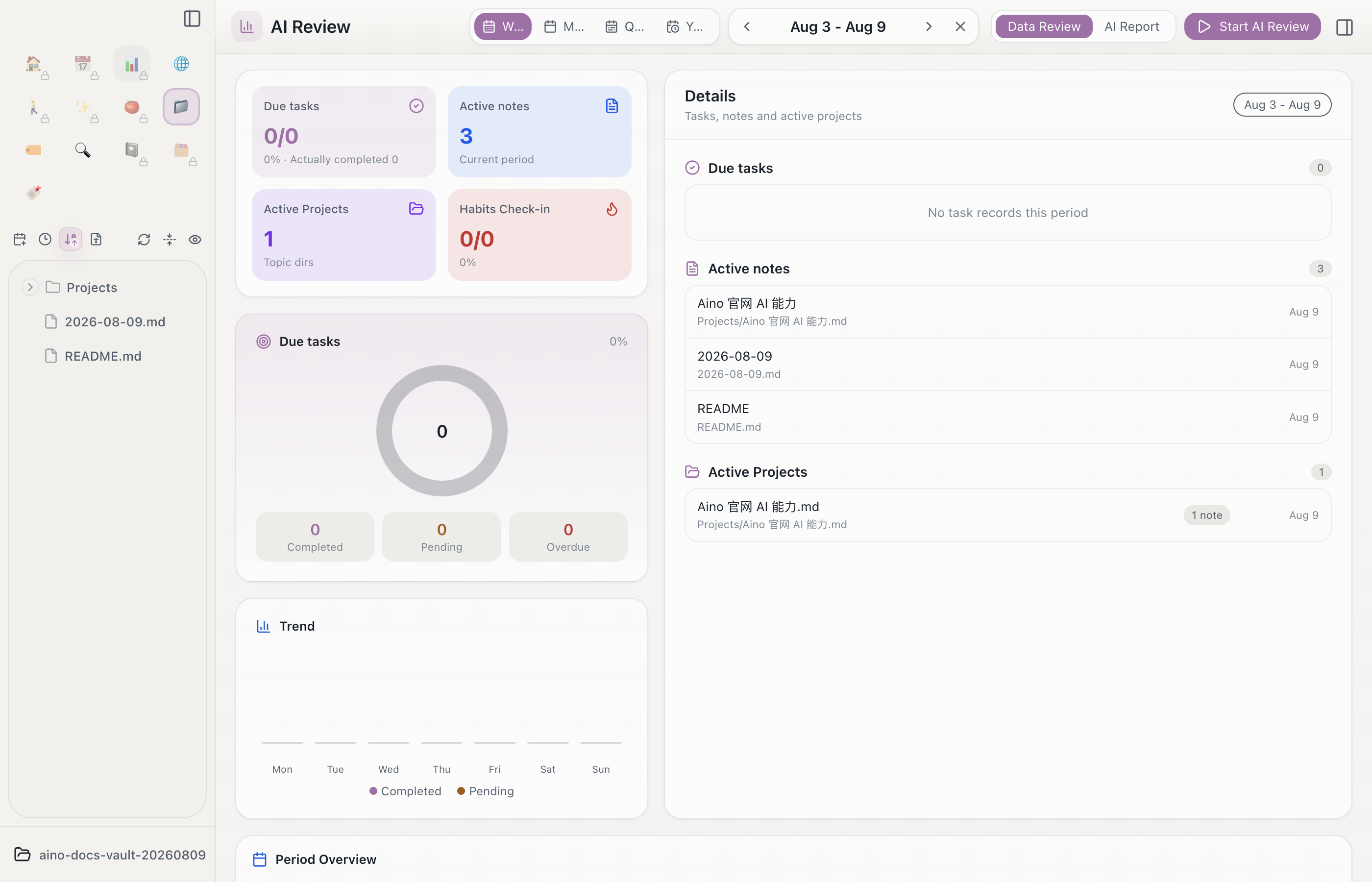 AI Review summarizes tasks, active notes, projects, and habits for a selected period before generating the report