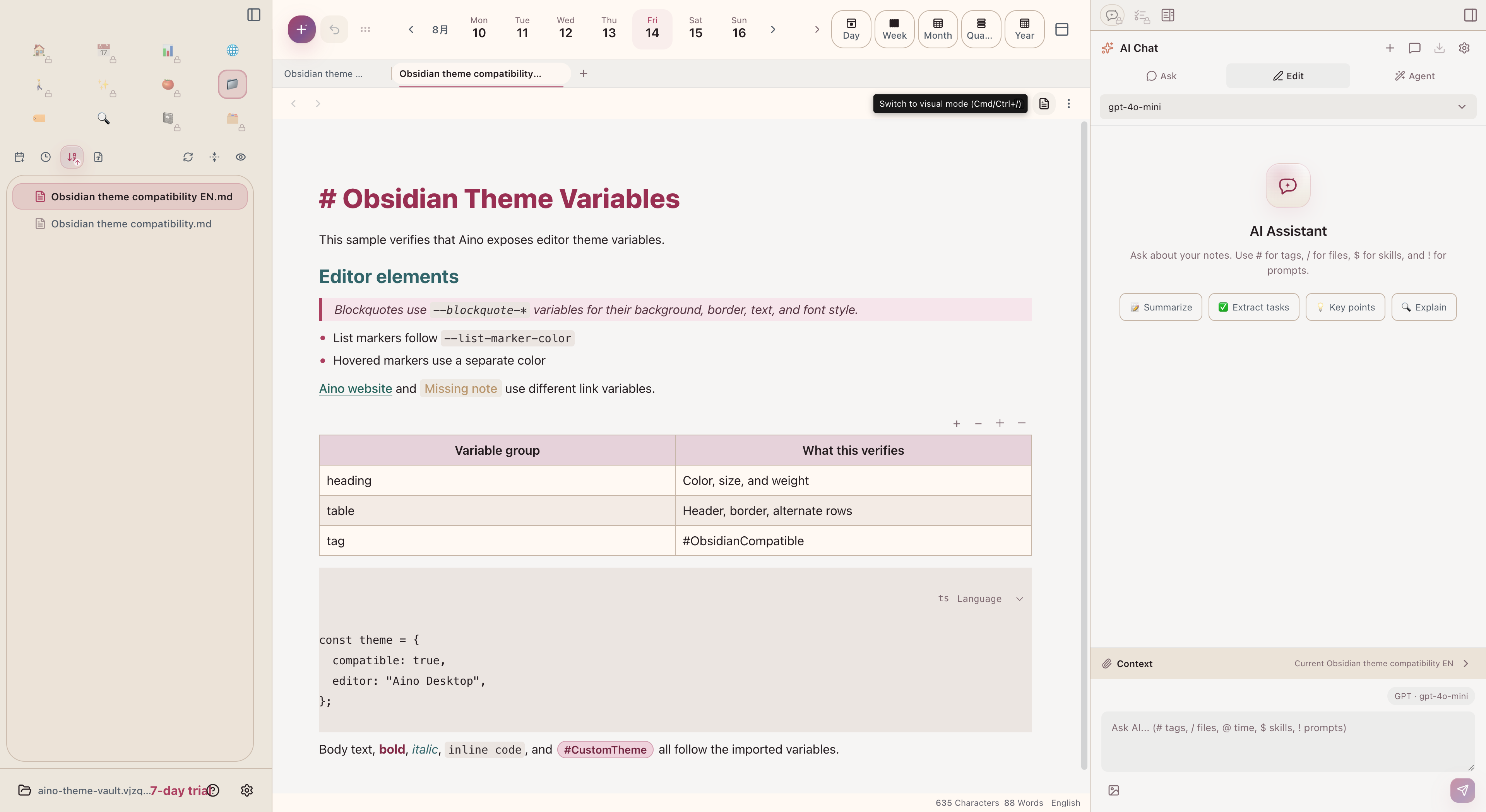 Headings, blockquotes, links, tables, code, and tags in Aino Desktop using Obsidian-compatible theme variables