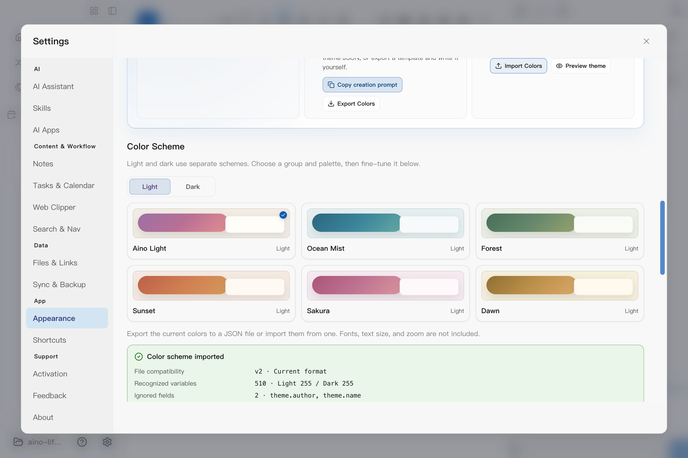 Three-step theme authoring guide, AI prompt, import and export controls, and color presets in Aino Desktop Appearance settings