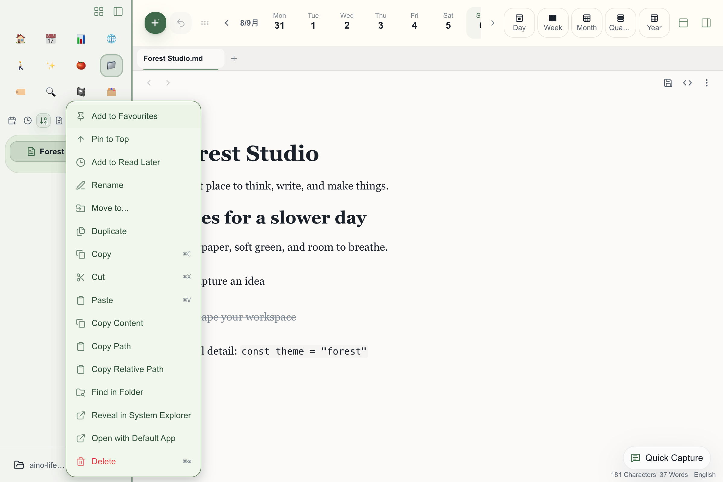 Aino Desktop with custom typography, sidebar material and context menu variables