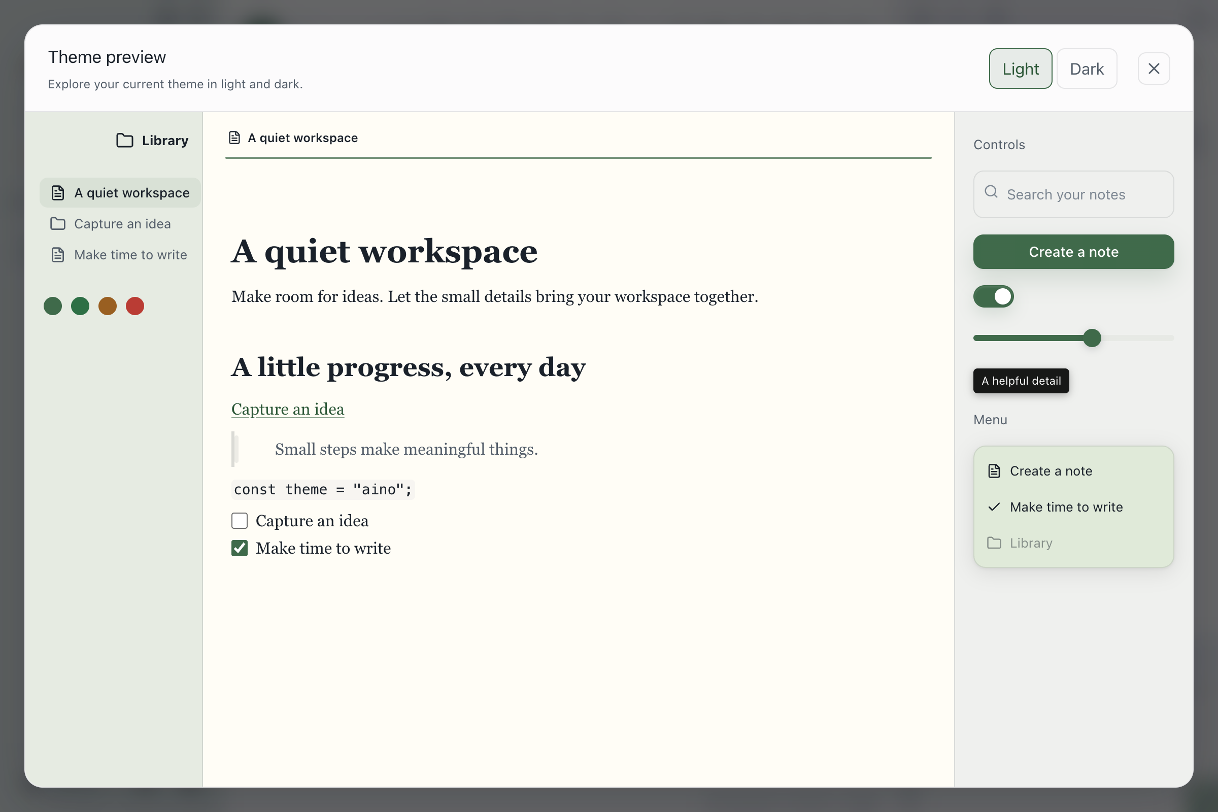 Isolated Aino Desktop theme preview with light and dark schemes and interactive controls