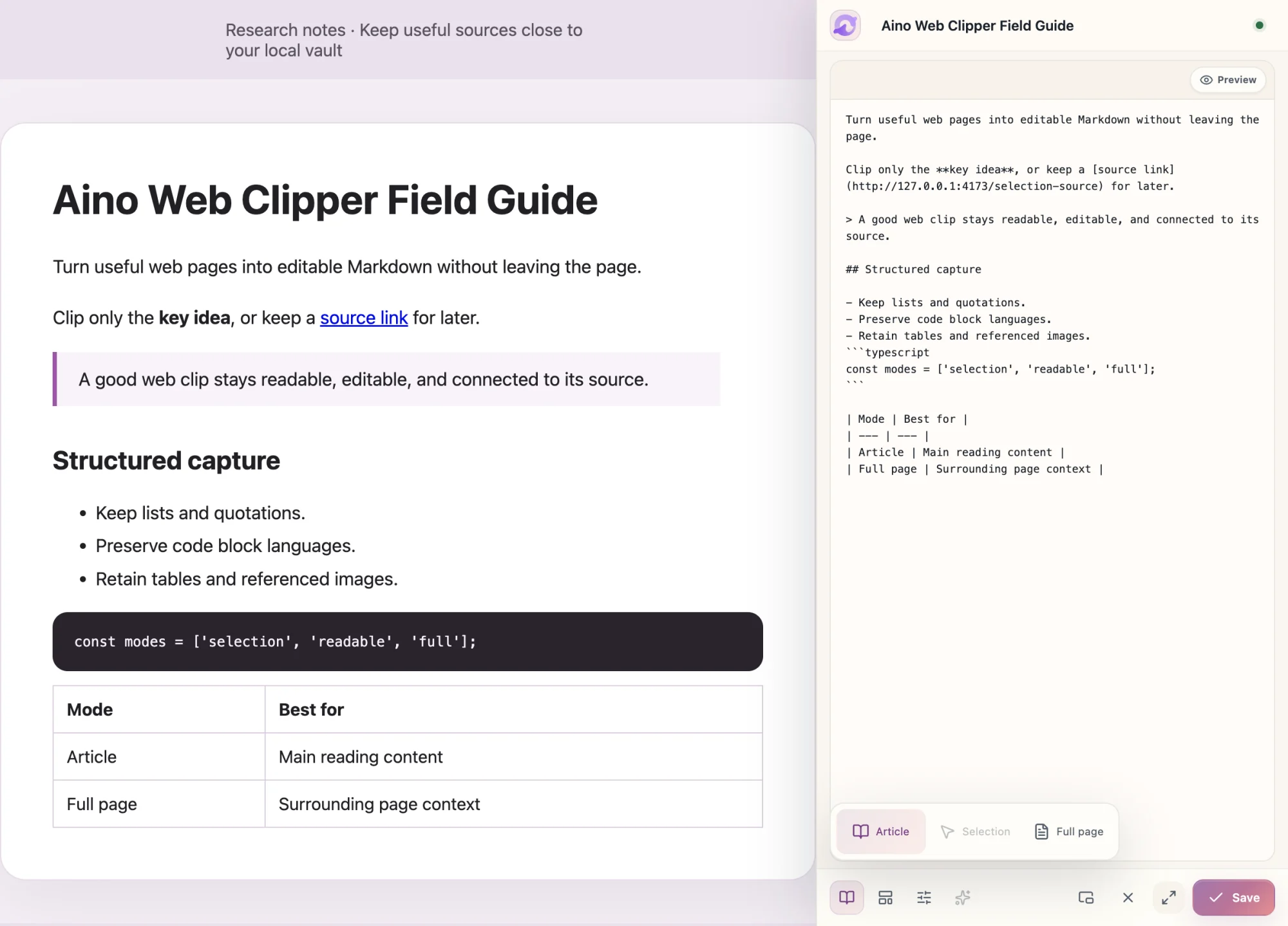 Aino Web Clipper docked in the right sidebar with article, selection, and full-page scopes