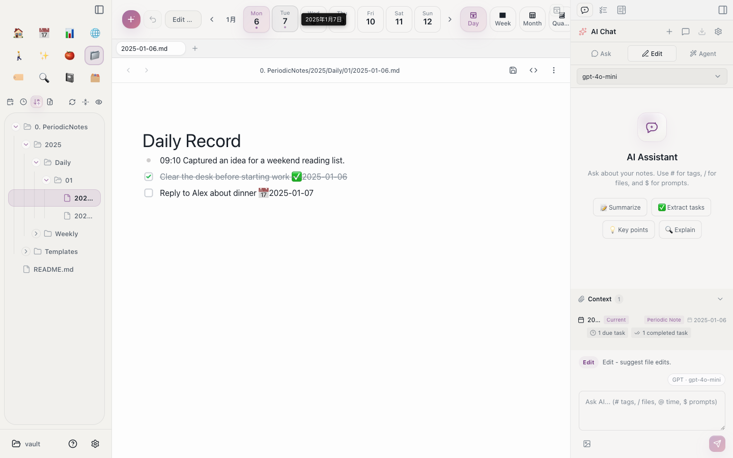 A Memos sample daily note open in Aino LifeOS