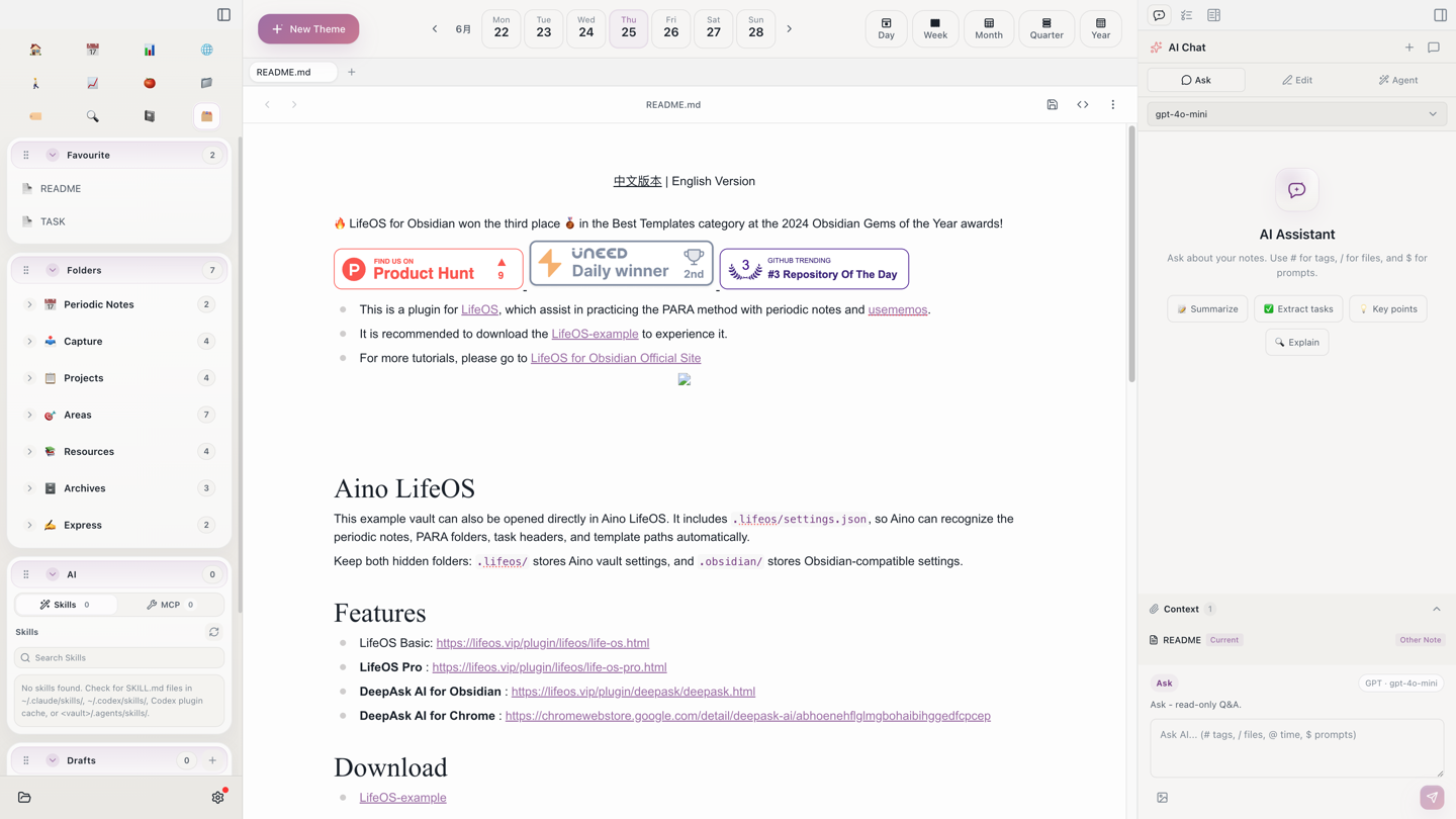 Aino Desktop with the PARA example vault