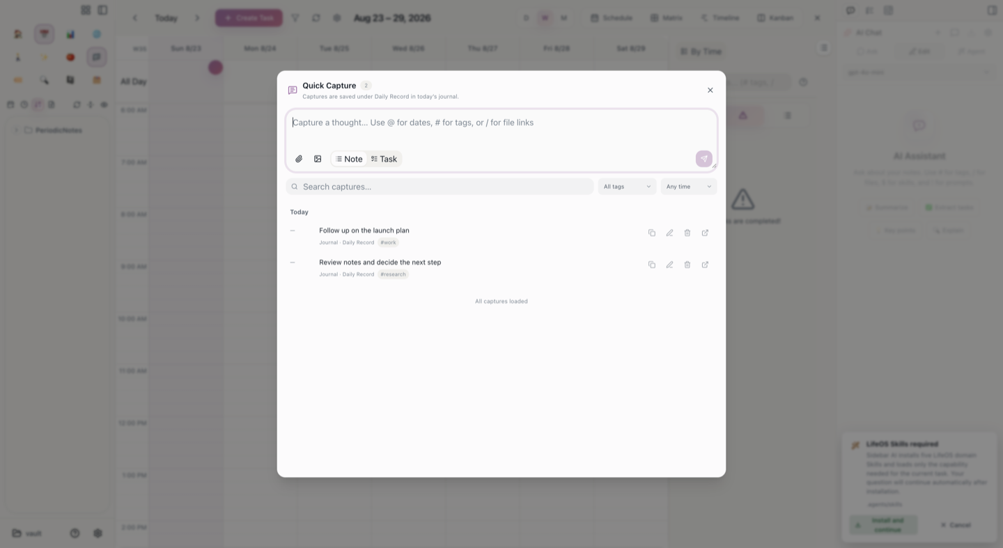 Aino Quick Capture with its composer, search filters, and journal-backed capture list