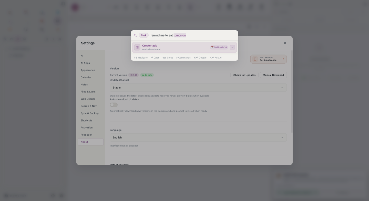 The Cmd+T command bar highlights tomorrow and previews the due date