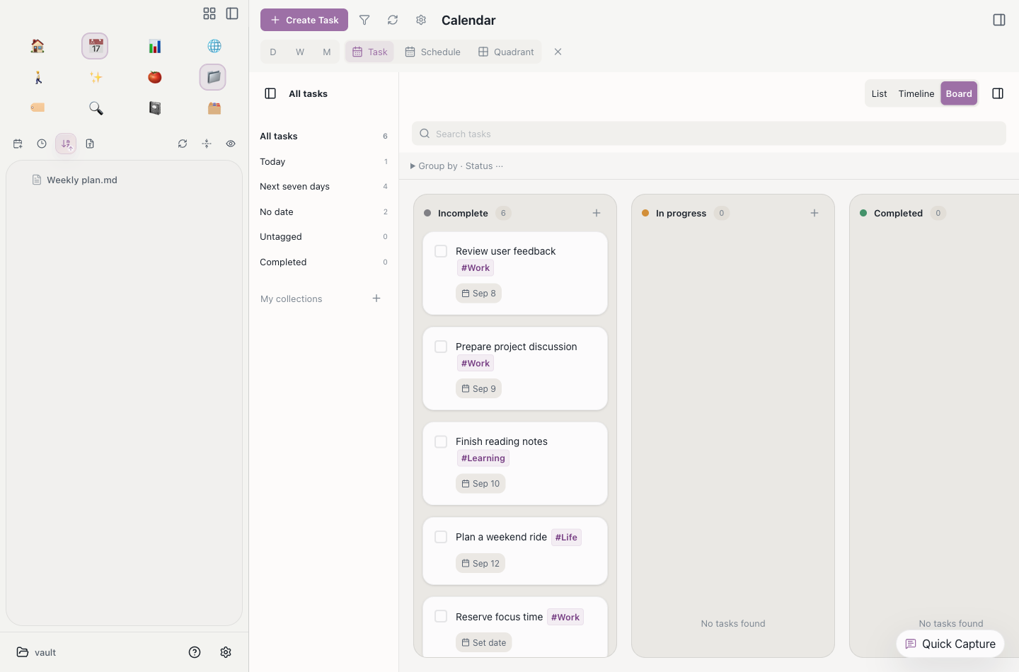 Aino Desktop task board: switch task grouping within the same workspace