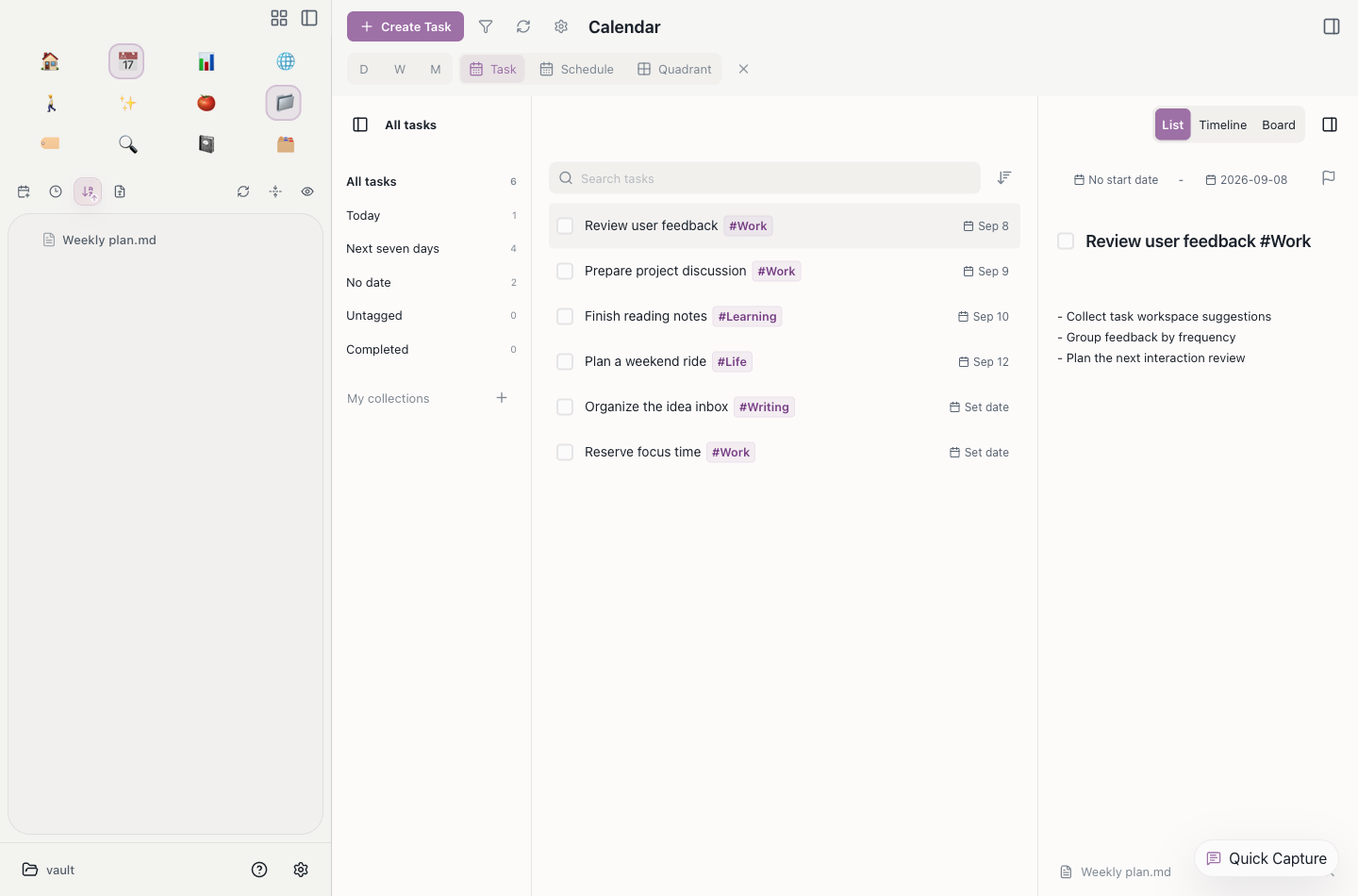Aino Desktop task workspace with collections, task list, and editable details